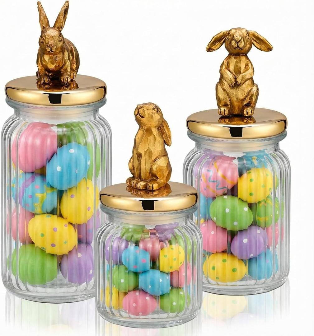 Mimorou 3 Set Easter Cookie Jar with Ceramic Bunny Lid 44oz 33oz 22oz Glass Candy Jar Food Storage Canister with Airtight Gold Lid for Easter Party Spring Tea Table Decoration