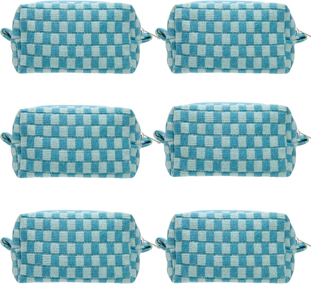 PAZIMIIK Checkered Makeup Bag for Purse Portable Zipper Make Up Pouch Small Cosmetic Case for Travel Accessories (6PCS Lake Blue)