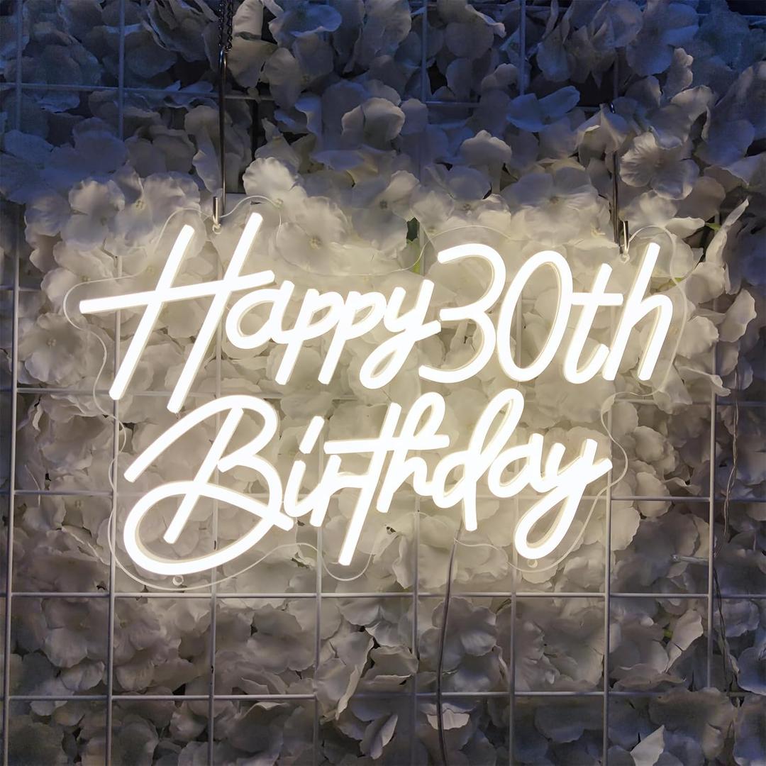 Happy Birthday Neon Sign for Wall Decor, Cool White LED Neon Light Signs, Art Decoration Happy 30th Birthday Neon Light Sign for All Birthday Party Decoration, SIGNVIA, 15.710.3 Inch (Neon-Happy Birthday-28-2-FBM)