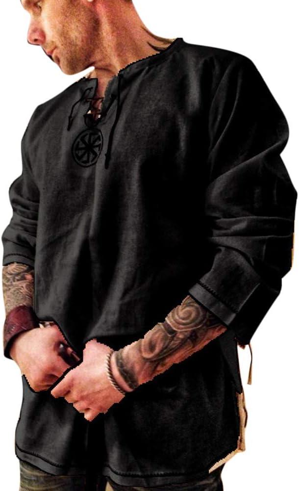 Men's Fashion Cotton Linen Shirt Long Sleeve Solid Color Ethnic Beach Yoga Top (Large, Black)