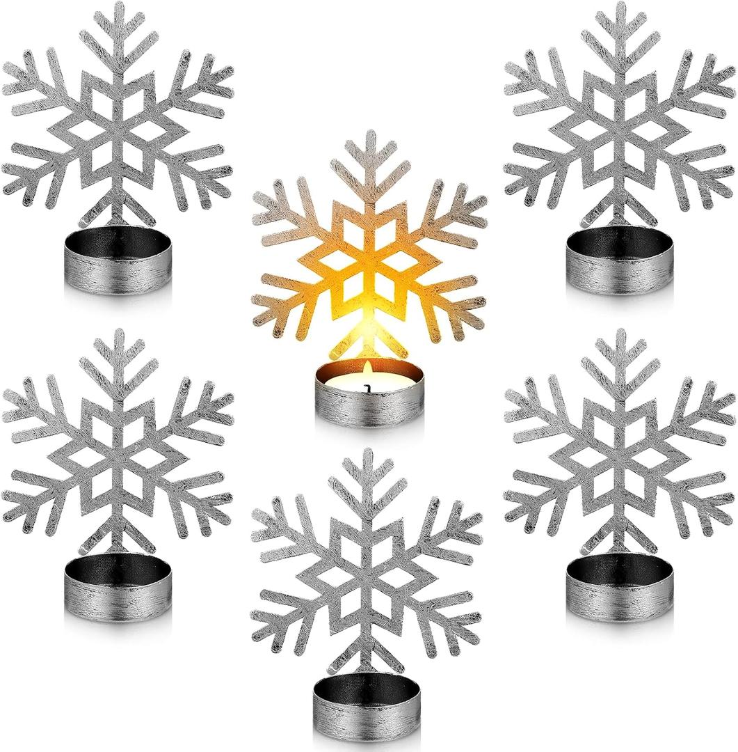 6 Pcs Snowflake Tealight Candle Holders Metal Christmas Votive Candle Holders Christmas Table Decorations Snowflake Tea Light Holders Candlestick Holders for Home Wedding Party Table Decor (Silver)