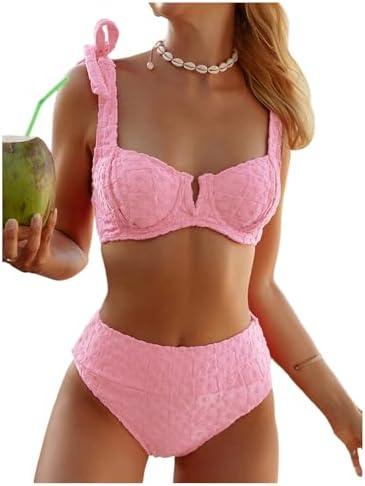 SOLY HUX Women's High Waisted Bathing Suit Tie Shoulder Underwire Summer Swimsuit Bikini Set, Pink, L