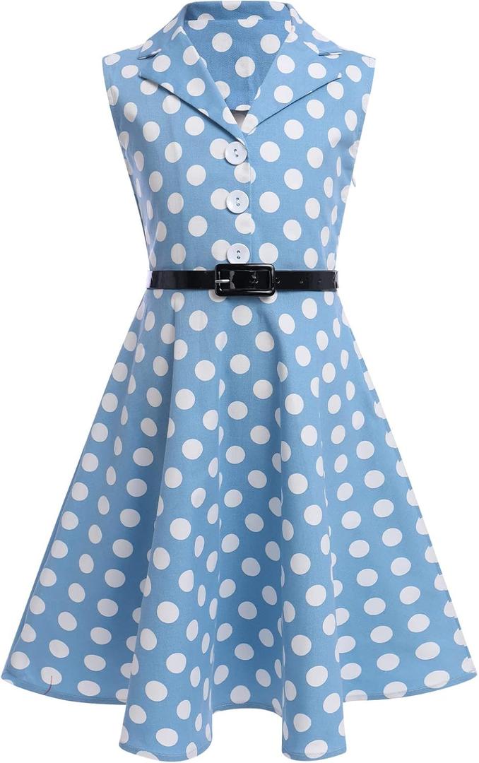 Kids Girls 50s Audrey Vintage Polka Dot Swing Party Rockabilly Dress Retro Peter Pan Doll Collar Wedding Casual Skater Dress (Blue)