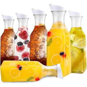 Set of 6 Plastic Carafe with Lid, 50 Oz Carafes for Mimosa Bar Supplies, Square Base Juice Containers, Water Bottle, Milk Container, Clear Beverage Containers for Fridge