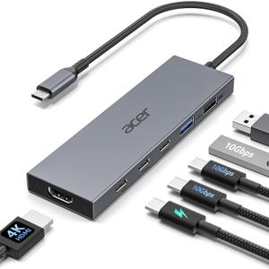 Acer 6-in-1 USB C Hub 10Gbps, USB C to HDMI Adapter 4K@60Hz, 2USB-C 3.2, 1USB A 3.2, 1USB 2.0 Data Transfer, 100W PD Port, Type C Multiport Splitter for Laptop, MacBook Neo/Air/Pro, iPad Pro