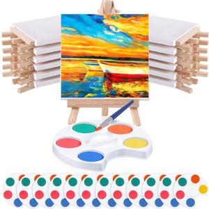 Crtiin Mini Watercolor Paint Set Gifts 4x4" Small Painting Kits Canvas with Easel Paints Brush Art Party and Watercolor Party Favor for School Classroom Birthday(12 Set)
