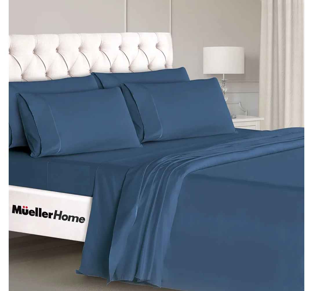 Mueller Ultratemp King Size Sheets Set, Super Soft 1800, 6 Piece, Deep Pocket up to 16" Cooling Sheets King Size, Transfers Heat, Breathes Better, Hypoallergenic, Wrinkle, Navy
