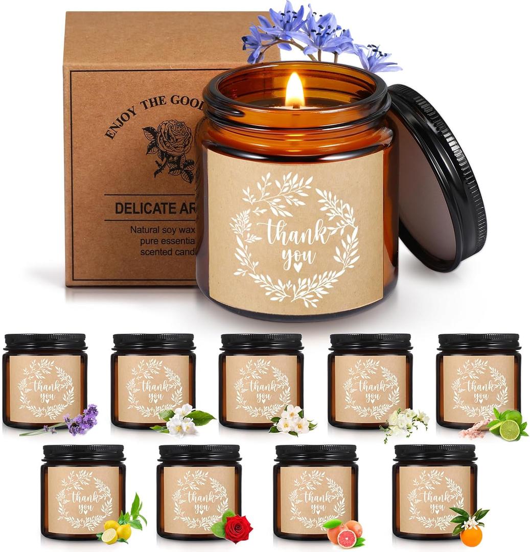 Coume 10 Pcs Thank You Candles Bulk Soy Wax Scented Glass Jar Candles 3.5 oz Employee Appreciation Gifts for Women Secretaries Boss Staff Team Bridal Shower Hostess, 10 Fragrance(Classic Scent)
