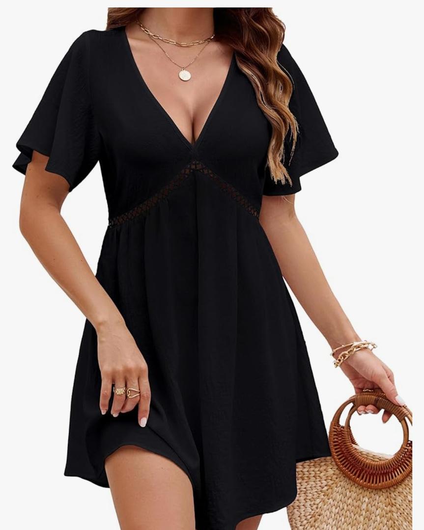 BMJL Women's Swimsuit Coverup V Neck Beach Cover ups Short Sleeve Flowy Bathing Suit Cover up (Black,M)