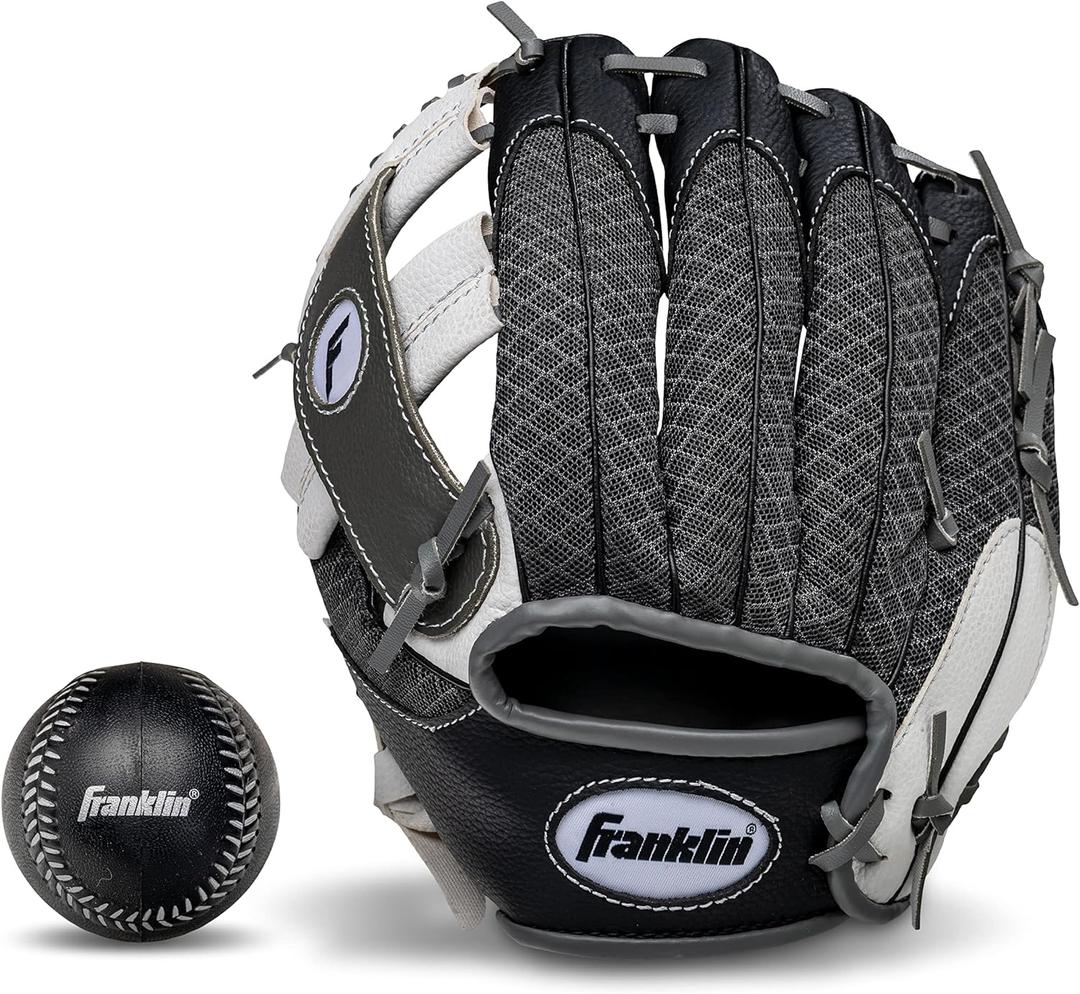 Franklin Sports Kids Baseball Glove + Foam Ball Sets - Meshtek Youth Teeball Gloves for Kids + Toddlers - Left + Right Hand Throw - 9.5" Inch (Black/Graphite/White)