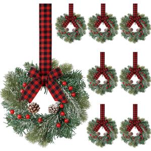 Jexine 8 Pieces Mini Christmas Wreaths for Kitchen Cabinet Small Christmas Candle Rings Wreaths Pillars Candle Rings Table Centerpieces Hanging Garlands for Front Door Window Decor (No Red Ribbon)