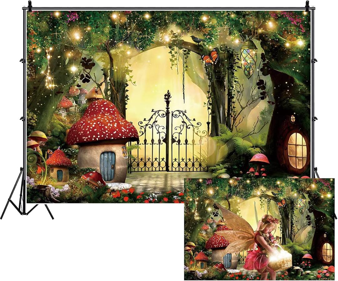 Renaiss 7x5ft Enchanted Forest Backdrop Fairy Tale Garden Magic Mushroom Butterfly Jungle Wonderland Photography Background for Wedding Baby Shower Kids Birthday Party Decor Studio Prop (Green-4)