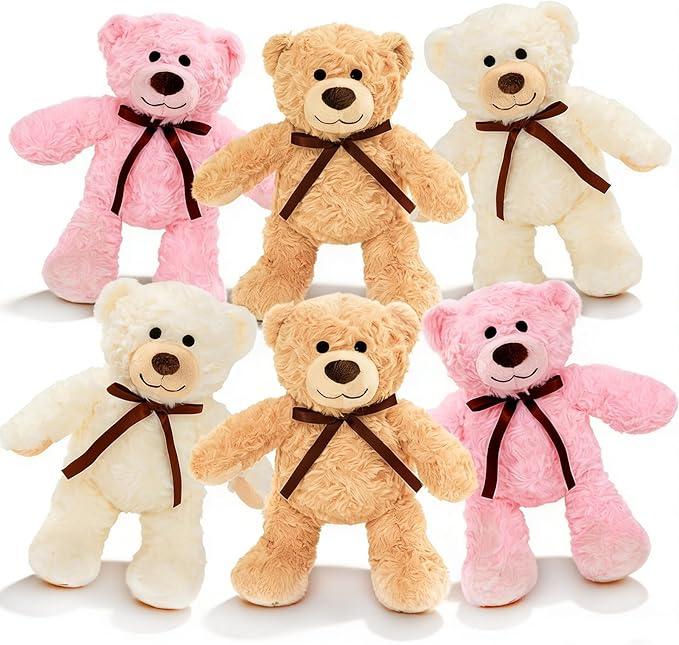 6Pcs Teddy Bear Stuffed Animals Bulk for Baby Shower, Small Stuffed Teddy Bear Plush, 10" Bulk Bears Plush Toys for Baby Shower Party Decorations Christmas Valentine's Day (Brown, Pink, White)