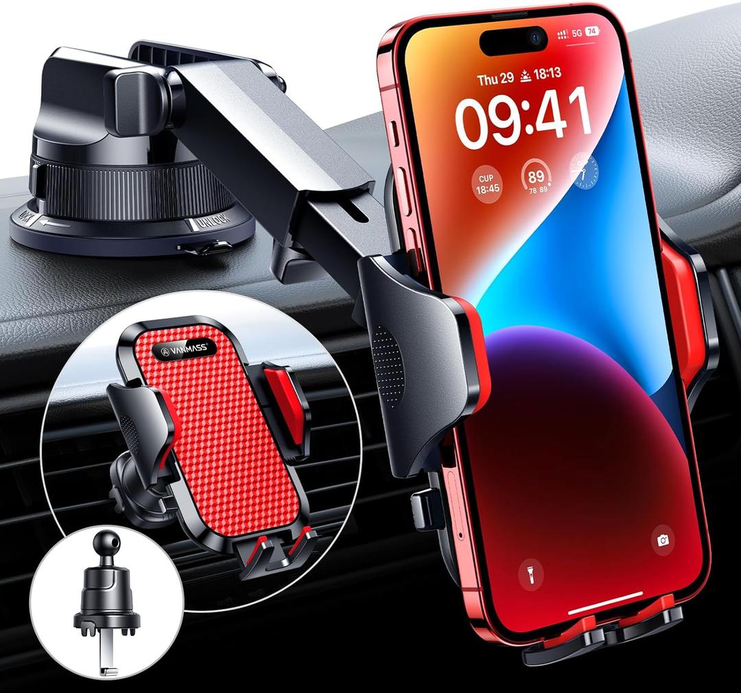 VANMASS [True Military-Grade] Car Phone Holder [Best Suction & Clip] Cell Phone Mount for Dashboard Windshield Vent Truck Cradle Dash Stand for iPhone 15 Pro Max 14 13 12 Android, Red
