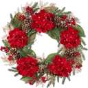 24" Christmas Wreath for Front Door Artificial Hydrangea Flowers Christmas Wreaths with Red Berries Pine Cones Norfolk Pine Cedar Decor for Winter Home Porch Wall Window Indoor Outdoor Xmas Decoration