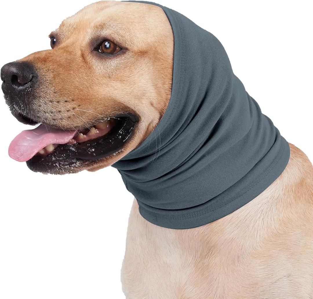 Meifsou Calming Hoodie for Dogs - Stretchy Dog Ear Cover, No Shake Anxiety Head Wrap Quiet Ears, Pet Snoods for Thunder, Lightning, Fireworks, Vet Visits, Grooming, Rabbit Plush Fabric, Light Blue M