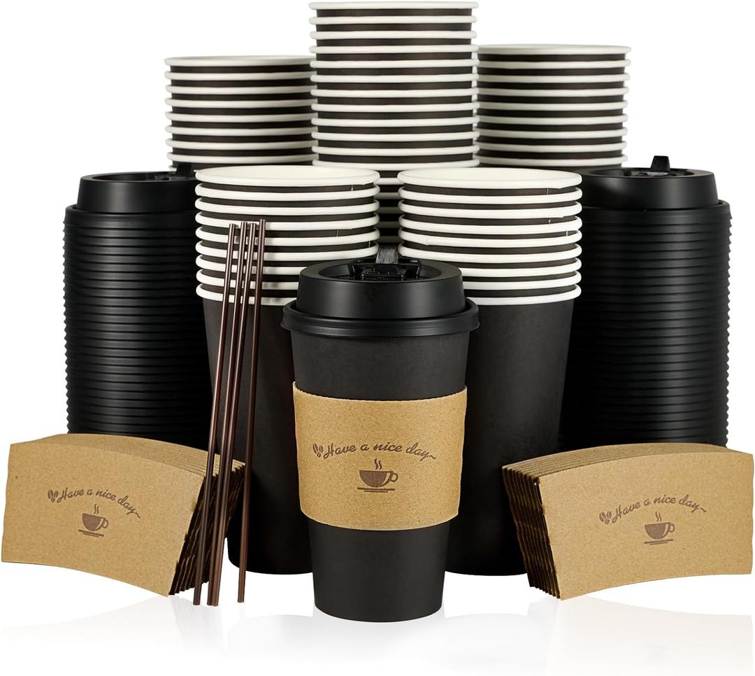 LITOPAK 100 Pack 16 oz Paper Coffee Cups with Lids, Black Disposable Coffee Cups with Lids, Sleeves and Stirring Sticks, for Parties, Picnic, Travel, and Events
