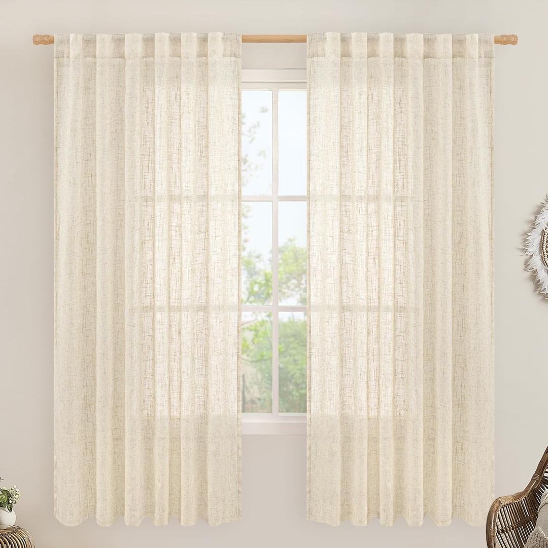 LAMIT Beige Linen Curtains 72 Inches Long 2 Panels for Living Room Faux Linen Textured Light Filtering Drapes Back Tab and Rod Pocket Boho Neutral Panels for Bedroom/Dining Room, 52 x 72 Inch