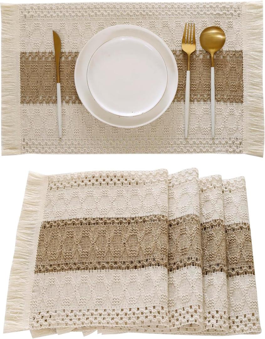 Farmhouse Placemats Set of 4 with Fringe Boho Placemats Macrame Table Decor Woven Placemats in Natural Burlap for Kitchen and Dining Table Centerpiece Spring Home Decorations, Khaki