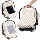Summer Muslin Car Seat Cover for Baby – Breathable & Privacy Canopy with Large Mesh Window, 3 Adjustable Modes, Easy Install Universal Fit for Infant Car Seats (Khaki Checkered)