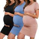 Riyiper Pack of 3 Women's Maternity Dresses, Short Sleeve Cotton Pregnancy Dress Side Ruched Crew Neck Knee Length Mama Clothes, Size -L