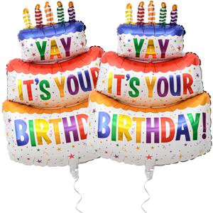 2PCS Happy Birthday Cake Foil Balloons, 40" Large Three-Layer Mylar Birthday Balloons, Yay Balloon for Girls Boys Kids Baby Shower Party Decorations, Multicolored