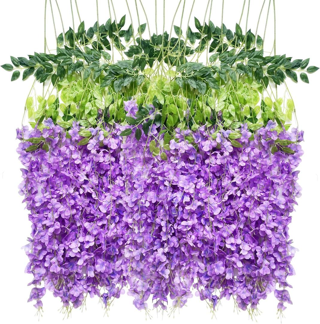 Artificial Wisteria Hanging Flowers Fake Wisteria Flower Garland Silk Vines Rattan Decor for Home Wedding Arch Wall Garden Greenery Bedroom Outdoor Office Party Decoration (24, Light Purple)