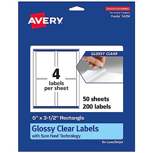 Avery Glossy Clear Rectangle Labels, Sure Feed Technology, 5" x 3.5", 200 Glossy Clear Labels, Laser/Inkjet Printable