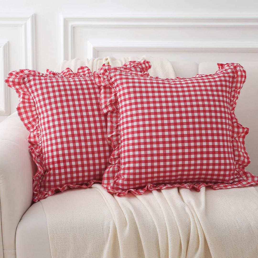 2 Pack Red/White Plaid Ruffle Gingham Throw Pillow Covers, 100% Washed Cotton Christmas Decorative Buffalo Checkered Farmhouse Pillow Shams - 18''x18''