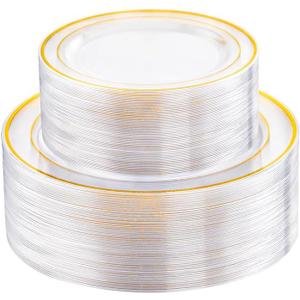 FLOWERCAT 100PCS Clear Plates with Gold Trim - Heavy Duty Clear and Gold Plastic Plate Disposable for Birthday Party/Wedding Include 50PCS 10.25inch Dinner Plates - 50PCS 7.5inch Cake Plate