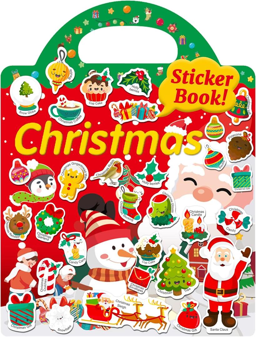 Benresive Reusable Sticker Book for Toddlers 2-4 Years, Fun Travel Stickers for Kids, Waterproof Sticker Books for Toddlers 1-3, Crafts Activities for Toddler 1-3 2-4 3-5 - Christmas