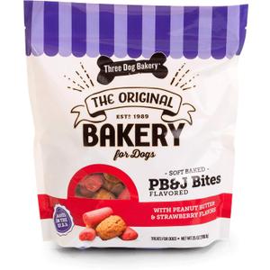 Three Dog Bakery Soft Baked PB&J Bites, Peanut Butter & Strawberry Flavor, Premium Treats for Dogs, 24 Ounce Box,114008 (EXP 12/17/26)