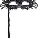 WILOVCOS Womens Masquerade Mask with Stick, Handheld Mardi Gras Mask,Venetian Party Masks (Black)