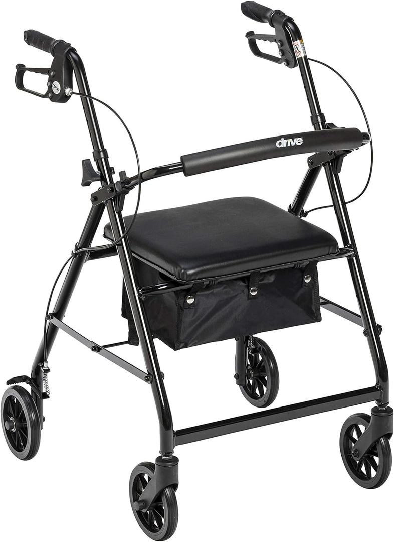 Drive Medical Aluminum Rollator Walker - Fold Up & Removable Back Support - Padded Seat - 6 Inch Wheels - Lightweight Portable Design - Indoor Outdoor Mobility Aid - Black