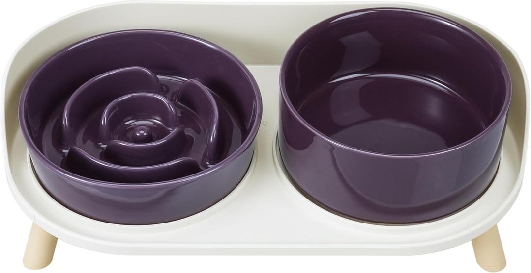 Elevated Slow Feeder Dog Bowls - Ceramic Food and Water Bowl Set with Stand - Raised Pet Dishes for Small and Medium Sized Dogs (Purple)