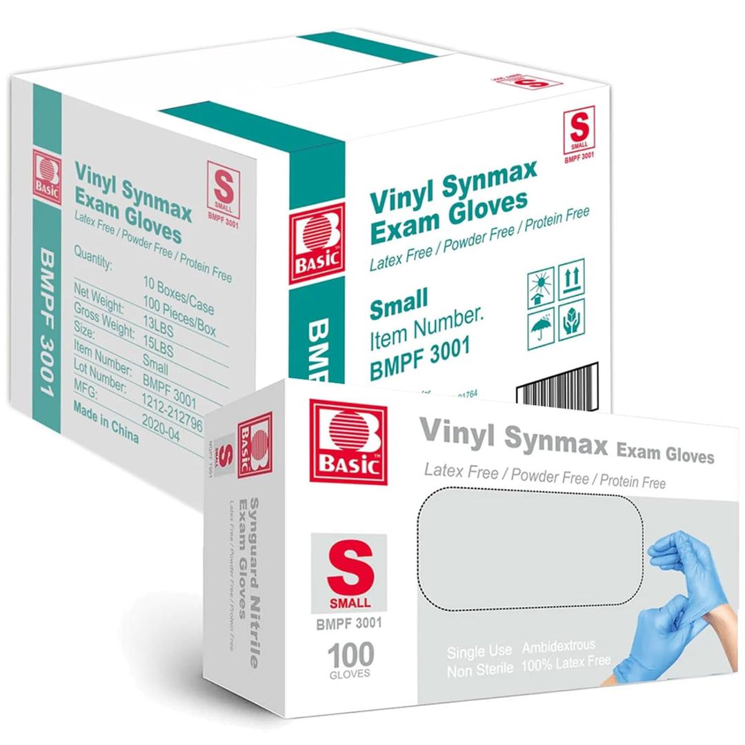 INTCO Basic Medical Synmax Vinyl Exam Gloves,Disposable Gloves - Latex-Free & Powder-Free for Medical,Cleaning,Food Safe - Small, BMPF-3001(Case of 1000,Blue)