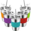 Yummy Sam Stainless Steel Cups with Straws and Lids,12oz Spill-proof Kids Tumblers Dishwasher Safe, Unbreakable Metal Toddler Cups with Heat-insulated Sleeves for Cold Drinks, 5 Pack