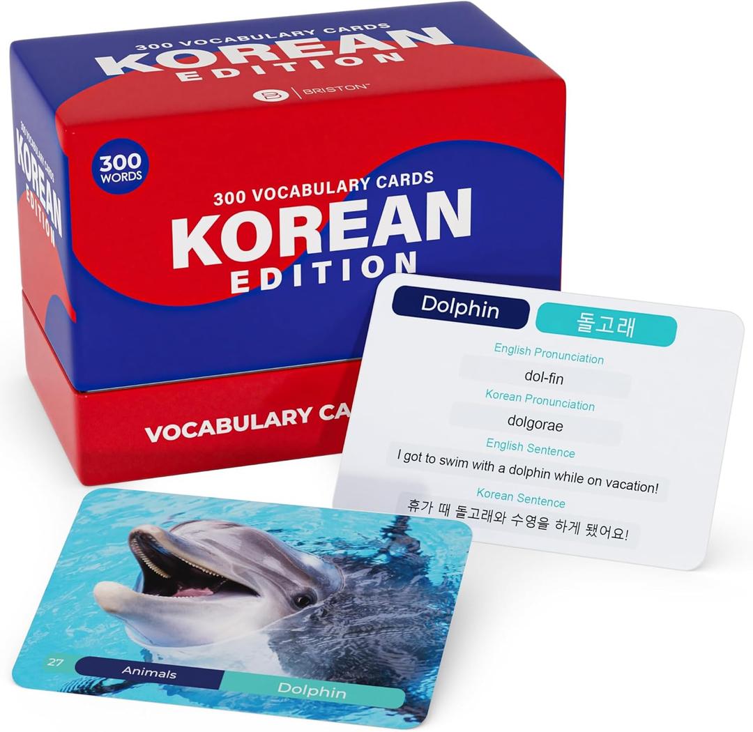 Briston Korean 300 Vocabulary Hangul Flash Cards  Educational Language Learning Resource Vocab with Pictures for Memory & Sight Words - Fun Game Play - Grade School, Classroom, or Homeschool Supply
