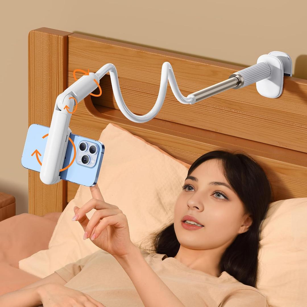 Gooseneck Phone Holder for Bed Laying Down with Clamp, Flexible Arm Overhead Phone Mount for Desk Bedside, Cell Phone Stand Adjustable Fit for iPhone 16 Promax, 15 Pro, 14 Plus, 13 & 4-7" Phone White