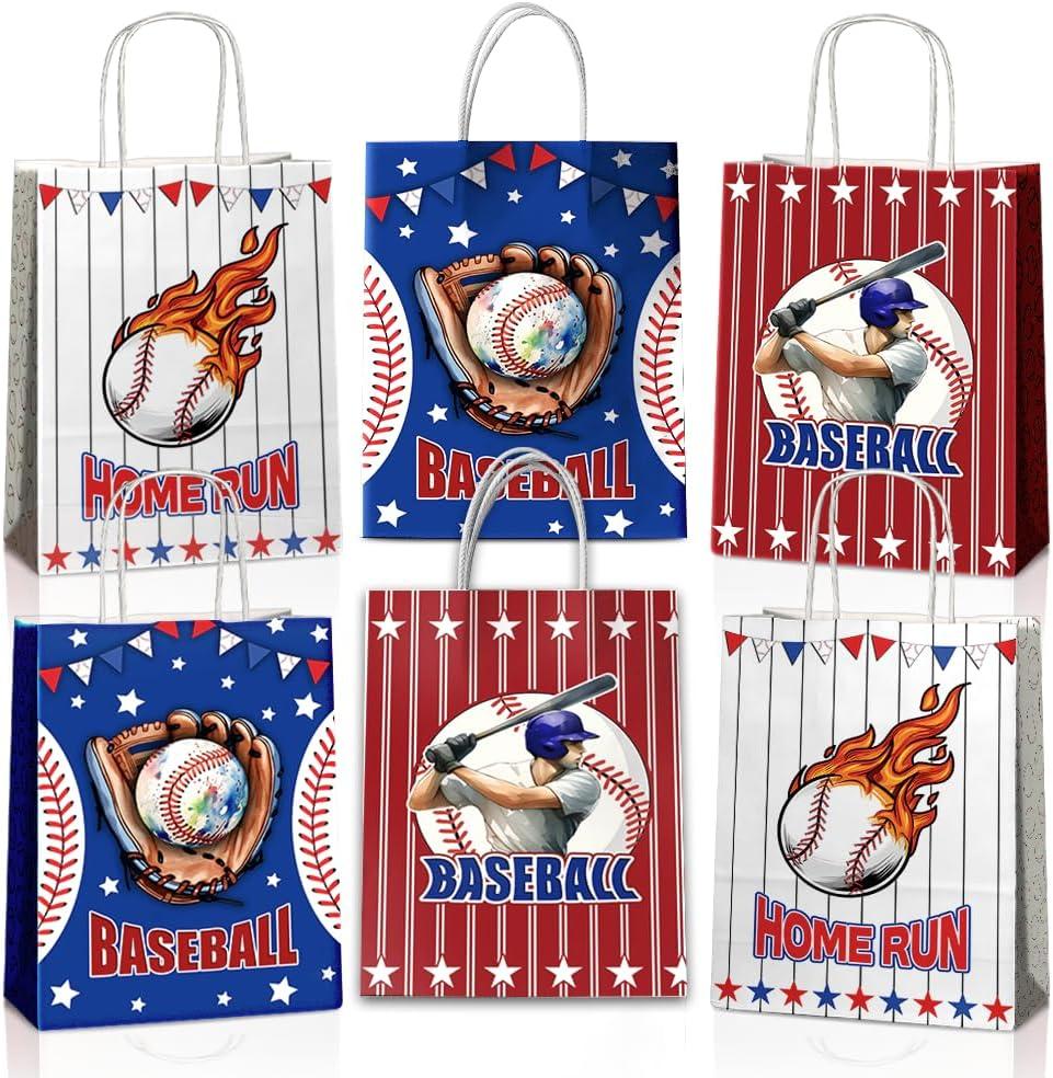 JOYGATHER 24 Pcs Baseball Goodie Bags with Handles, Baseball Party Favors Gift Candy Treat Snack Paper Bags with 3 Different Types for Birthday Party Supplies Decorations, 1 Count