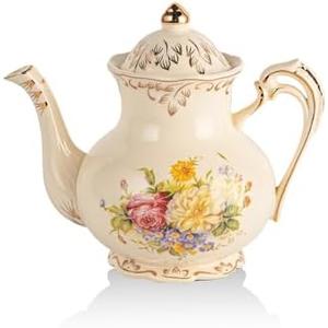 YOLIFE Flowering Shrubs Teapot, 25 OZ/ 3 Cup Ivory Vintage Porcelain Tea Pot with Infuser, Floral Teapot with Gold Leaves Trim Design