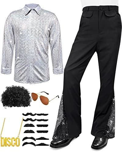 6 Pcs Mens 70s Disco Outfits Retro Halloween Couples Costume with Bell Bottom Pants, Medium