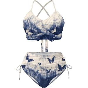 Two Piece Bikini Set for Women Sexy Bathing Suit Ruched Swimsuit Tie Two Sides Bottom Swimwear L