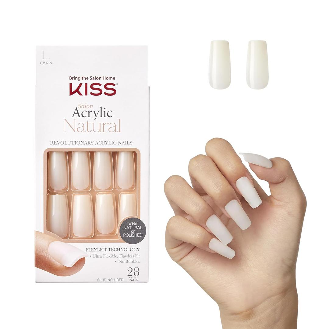 KISS Salon Acrylic Press On Nails, Nail glue included, 'Bareskinned', White, Long Size, Square Shape, Includes 28 Nails, 2g glue, 1 Manicure Stick, 1 Mini File