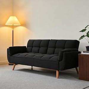 ERYE 75-Inch Linen Tufted Upholstered Futon Sofabed for Bedroom Living Room, Modern Convertible Futon Loveseat Sleeper Sofa Bed with Adjustable Backrest and 2 Pillows