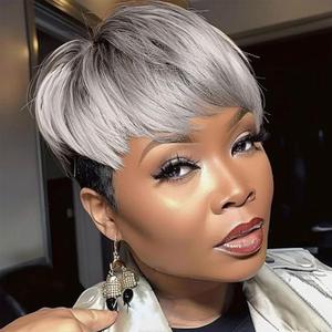 MOONSHOW Pixie Cut Wig Short Grey Wigs for Black Women Ombre Grey Short Wigs Pixie Cut Wigs with Bangs Synthetic Gray Pixie Haircut Wig for Black Women