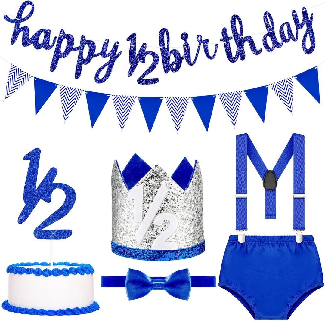 Spakon 6 Month Happy Birthday Banner Set 1/2 Happy Birthday Decorations Glitter 1/2 Half Year Cake Topper Triangle Flag Celebrations Crown Hat Bow Tie(Blue)