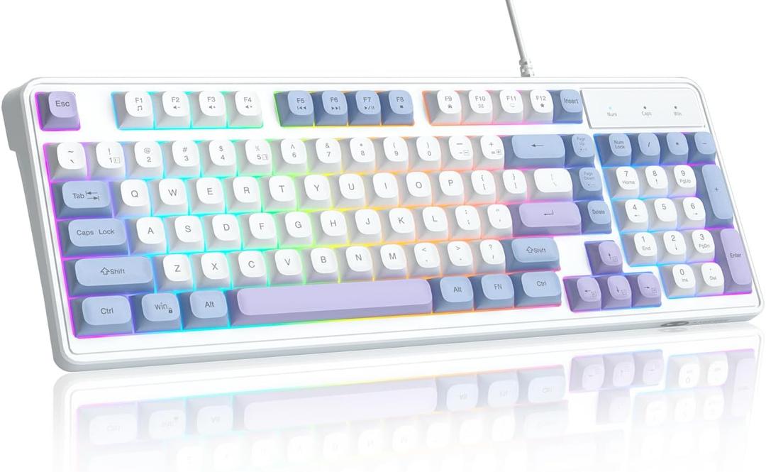 MageGee 96% Gaming Keyboard, Rainbow Backlit 98 Keys Compact USB Wired Ergonomic Gaming Keyboard for PC,Mac,Laptop-Blue White Purple