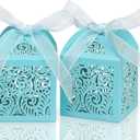 COTOPHER 100Pcs Laser Cut Favor Boxes, 2x2x2.75in Small Gift Boxes for Presents, Party Wedding Favors Boxes with Ribbon, Mini Candy Boxes for Event Bridal Shower Anniversary Birthday Christmas, Sky Blue