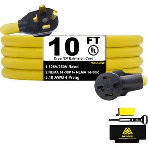 Rental Friendly Dryer Extension Cord 4 Prong 30 Amp NEMA 14-30P to 14-30R,10 FT Level 2 EV Charging 125V/250V Plug STW 10 Gauge UL Listed